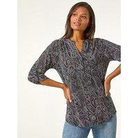 Roman Textured Paisley Print Stretch Blouse - Grey