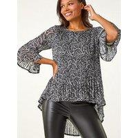 Roman Floral Print Pleated Tunic - Black