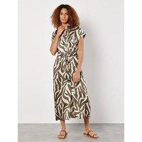Apricot Texture Zebra Print Tie Dress - Khaki