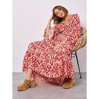 Apricot Ikat Swirls Maxi Dress - Red