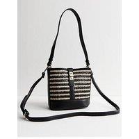 New Look Faux Leather Twist Lock Raffia Stripe Bucket Bag - Black