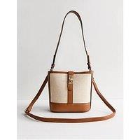 New Look Faux Leather Twist Lock Canvas Bucket Bag - Brown