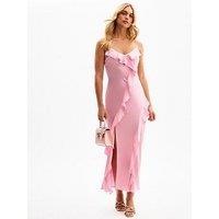 New Look Ruffle Trim Satin Midi Dress - Pink