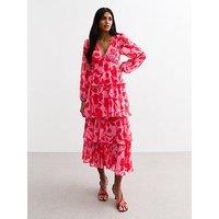 New Look Pink Floral Print Tiered Chiffon Midi Dress