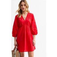 New Look Red Broderie Sleeve Smock Mini Dress