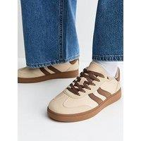 New Look Light Brown Pebbled Faux Leather Contrast Stripe Panelled Trainers