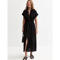 New Look Black Linen-Look Shirred Waist Midi Shirt Dress