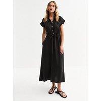 New Look Black Drawstring Waist Textured Midi Dress