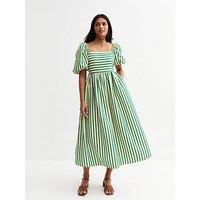 New Look Green Striped Puffed Sleeve Midi Dress