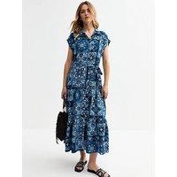New Look Blue Tile Print Cap Sleeve Shirt Dress