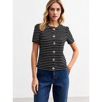 New Look Striped Textured Short Sleeve Cardigan - Black