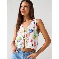 Only Tie Front Summer Print Top - White