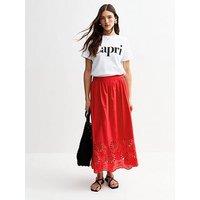 New Look Red Embroidered Cutout Hem Midi Skirt