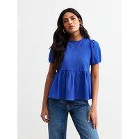 New Look Bright Blue Crinkled Jersey Tie Back Peplum Top