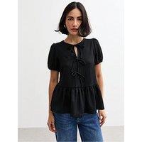 New Look Crinkle Texture Tie Front Smock Top - Black