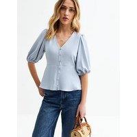 New Look Blue V-Neck Button Front Top