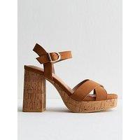 New Look Faux Suede Cork Platform Heeled Sandals - Brown