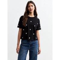 New Look Black Daisy Embroidered Relaxed T-Shirt