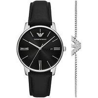 Emporio Armani 3-Hand Date Black Leather Watch And Bracelet Set