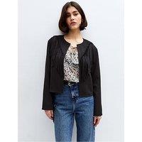 New Look Suede Fringe Collarless Jacket - Black