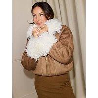 Michelle Keegan Faux Mongolian Trim Cuff Coat - Beige
