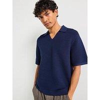 Calvin Klein Textured Revere Collar Knitted Polo Shirt - Navy