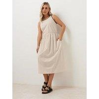 Yours Curve Poplin Blanket Stitch Dress - Natural