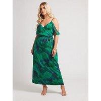 Yours Curve Abstract Print Metallic Cold Shoulder Dress - Green