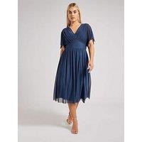 Yours Curve Pleated Gathered V Neck Dress - Blue