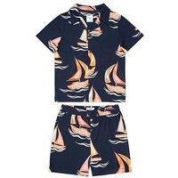 Chelsea Peers Kids Unisex Colourful Boats Short Sleeve Revere Top And Short Pyjamas Set - Navy