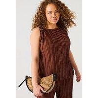 V By Very Curve Gold Trim Plisse Sleeveless Top Co-Ord - Dark Brown