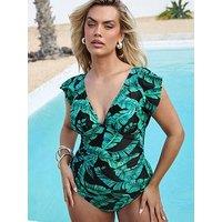 Yours Curve Leaf Frill Sleeve Swimsuit - Green