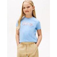 Tommy Hilfiger Girls Script Sequins Short Sleeve T-Shirt - Blue