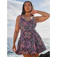Yours Curve Aztec Wrap Over Skirted Swimdress - Black