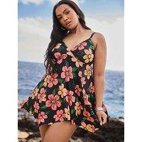 Yours Curve Dot Floral Hanky Hem Swimdress
