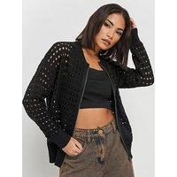 Pixiegirl Petite Crochet Zip Bomber Jacket - Black