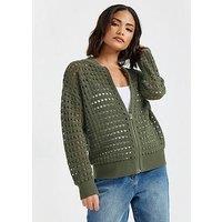 Pixiegirl Petite Crochet Zip Bomber Jacket - Green