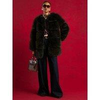 River Island Long Panelled Faux Fur Coat - Dark Brown