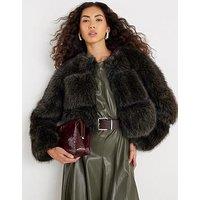 River Island Crop Panel Fur Jacket - Dark Brown