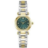 Guess Two Tone Case, Sunray Green Dial, Two Tone Bracelet With Adjustable G Links