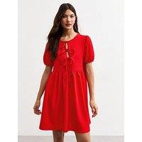 New Look Red Crinkled Texture Tie Front Mini Dress