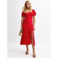 New Look Polka Dot Tie Front Milkmaid Midi Dress - Red