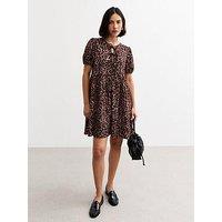 New Look Brown Crinkled Leopard Print Tie Front Mini Dress