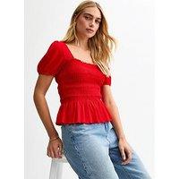 New Look Red Skylar Shirred Puff Sleeve Top