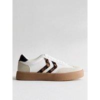 New Look Stone Faux Leather Leopard Print Panelled Flatform Trainers - Beige