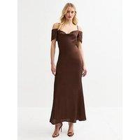 New Look Tall Dark Brown Bardot Satin Midi Dress