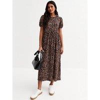 New Look Brown Crinkle Texture Leopard Print Bow Back Midi Dress