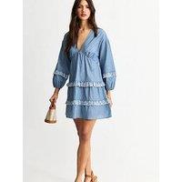 New Look Blue Ruffle Trimmed Chambray Mini Dress