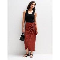 New Look Dark Red Crinkled Sarong Midi Skirt