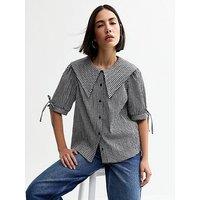 New Look Black Gingham Oversized Collar Short Sleeve Top